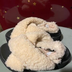 Cream Fuzzy Slippers with Black Soles